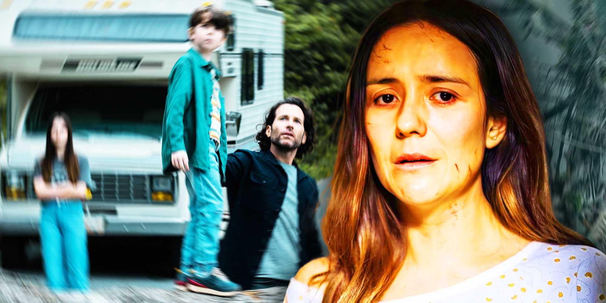 Табита Мэттьюз в From 3-м сезоне с размытым кадром с Джули, Этан и Джимом рядом с их автодомом