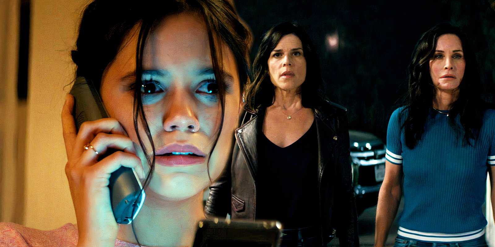 Тара испугана по телефону, пока Сидни входит в дом в фильме "Крик 2022"