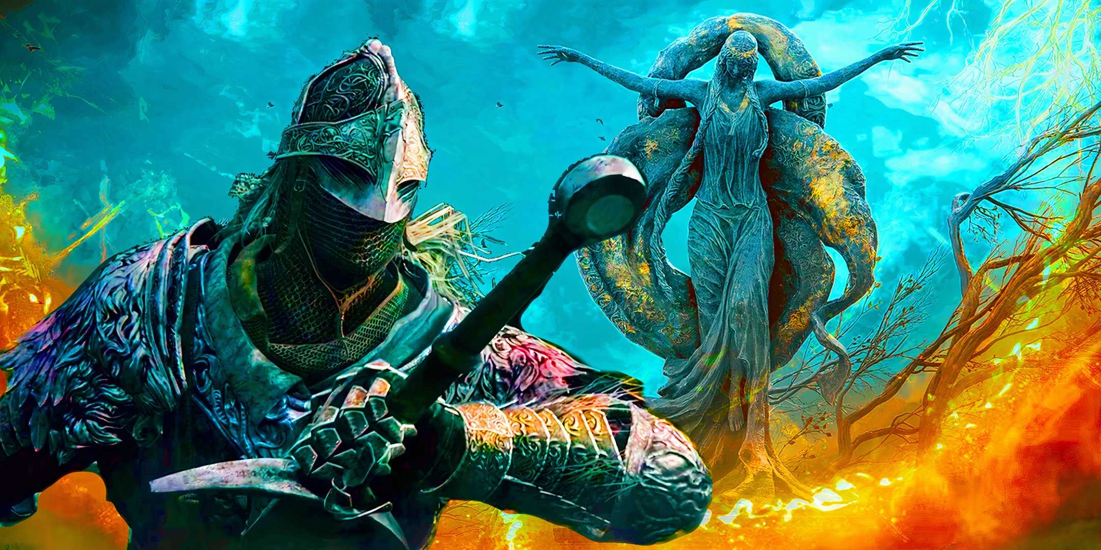 Персонаж из DLC Elden Ring с статуей Марики на заднем плане.