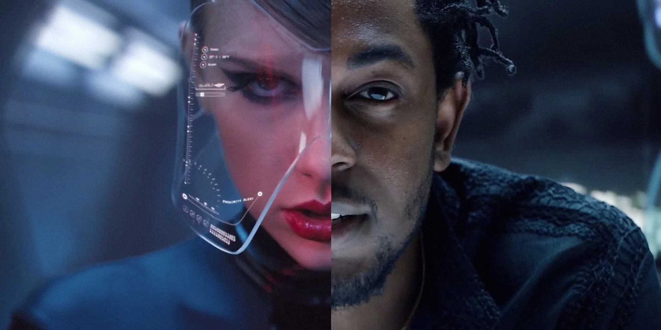 Фон размыт, слева видна половина лица Тейлор Свифт, на ней красная помада, черная футболка, и прозрачная маска закрывает ее лицо, справа половина лица Кендрика Ламара, где можно увидеть часть его бороды и волосы средней длины.