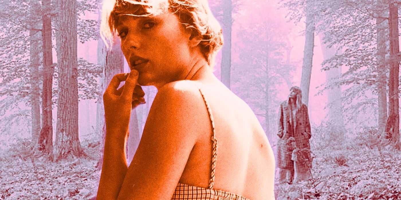 Тейлор Свифт, оглядывающаяся назад во время фотосессии для альбома "Folklore" с обложкой альбома "Folklore" на заднем плане