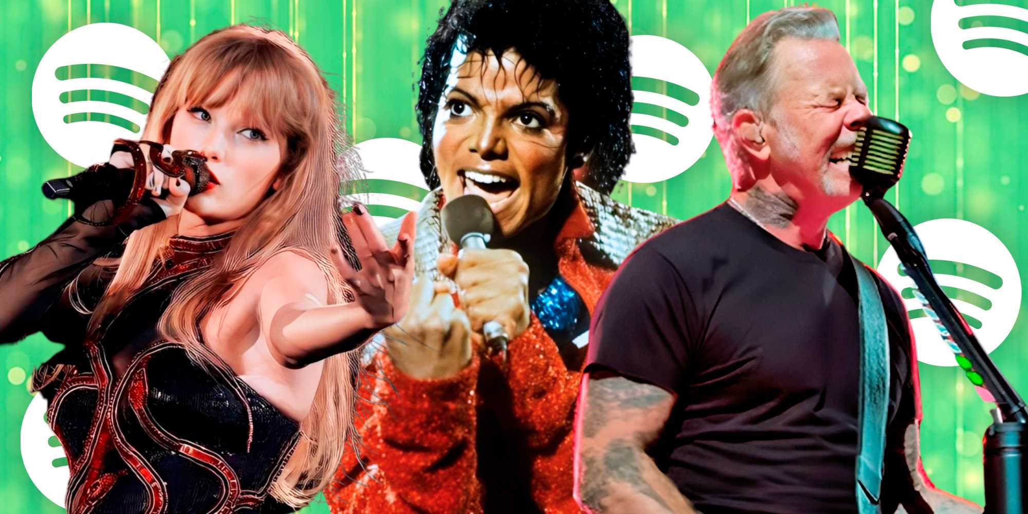 Taylor Swift, Michael Jackson, and Metallica along with Spotify imagery