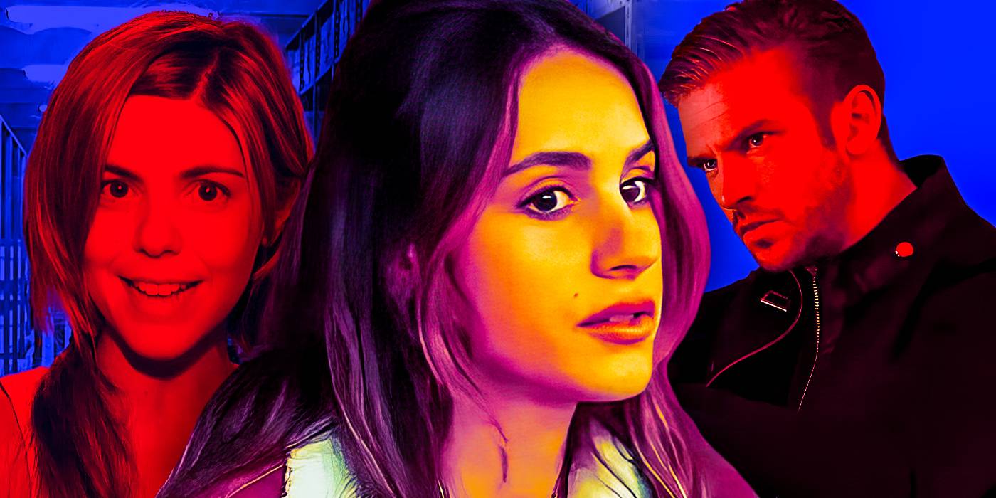 Кэрэн Клише в роли Джессики Уайт в фильме Thanksgiving перед коллажем персонажей из фильмов ужасов, упомянутых в фильме