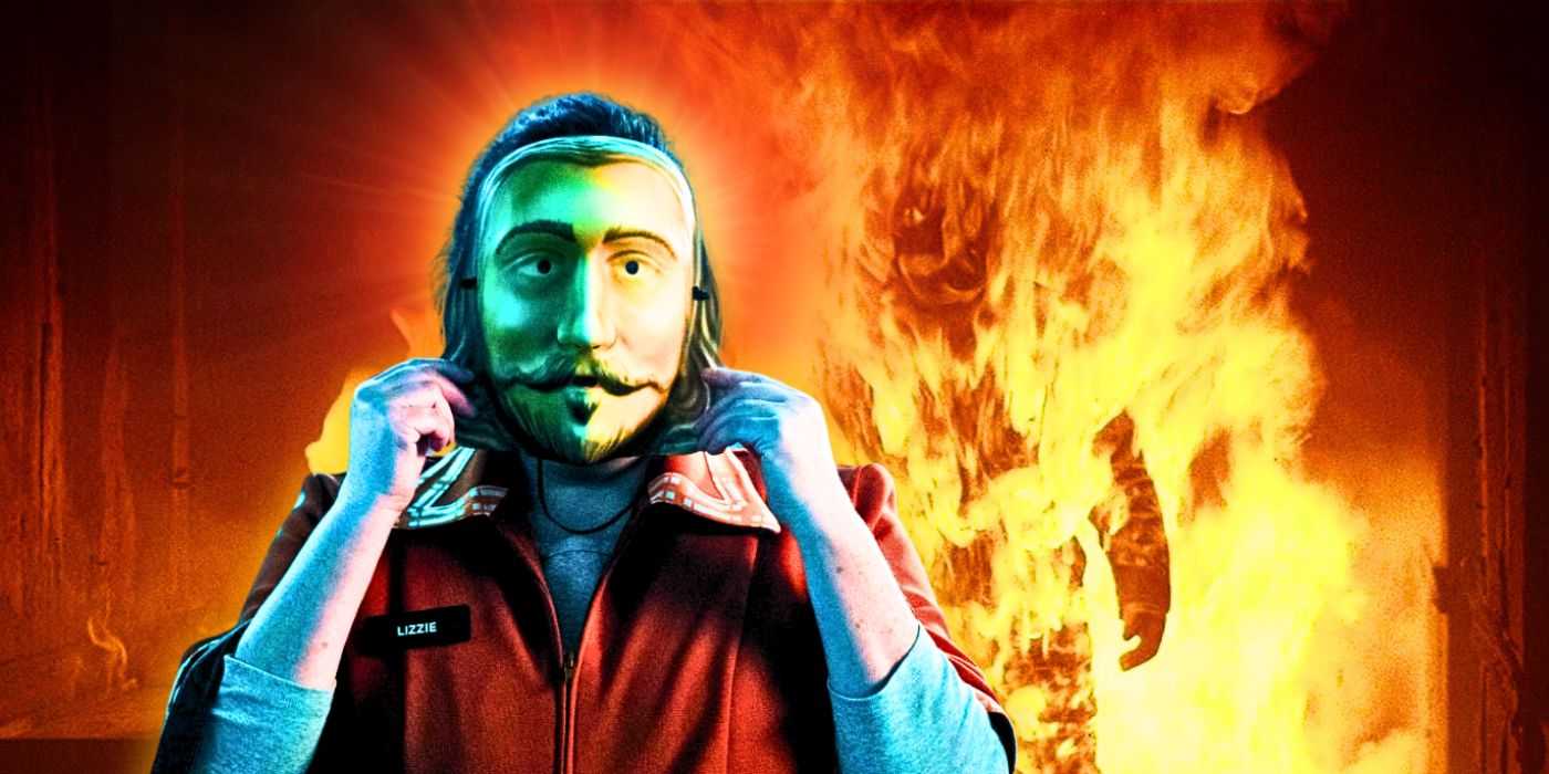 В "Дне Благодарения" Лиззи в маске Джона Карвера и Майкла Майерса в огне