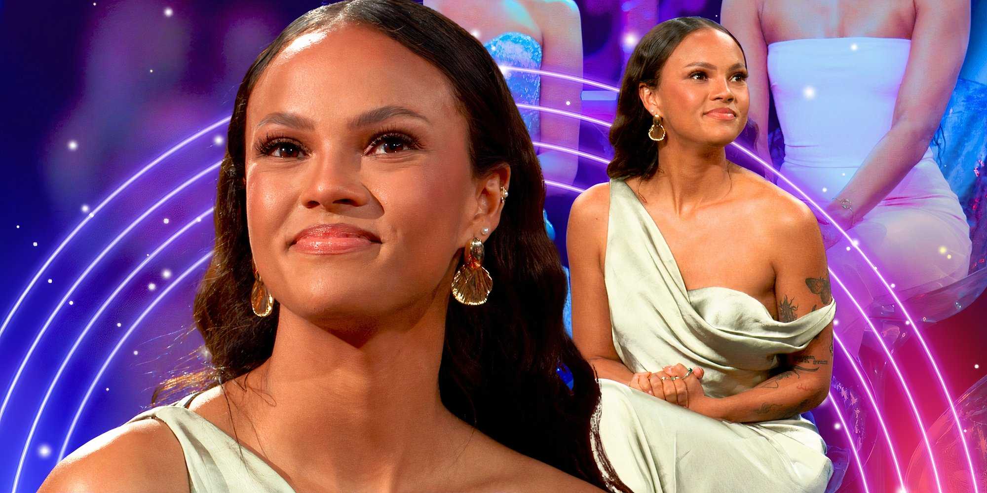 Алекс Годин, звезда *The Bachelor*, в двух позах в белом платье "богиня" и кругах на заднем плане