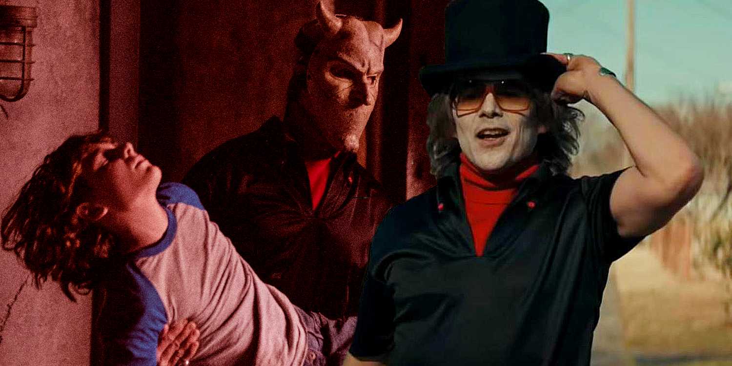 Коллаж крупного плана персонажа "The Grabber" и его, несущего Финни в фильме "The Black Phone"