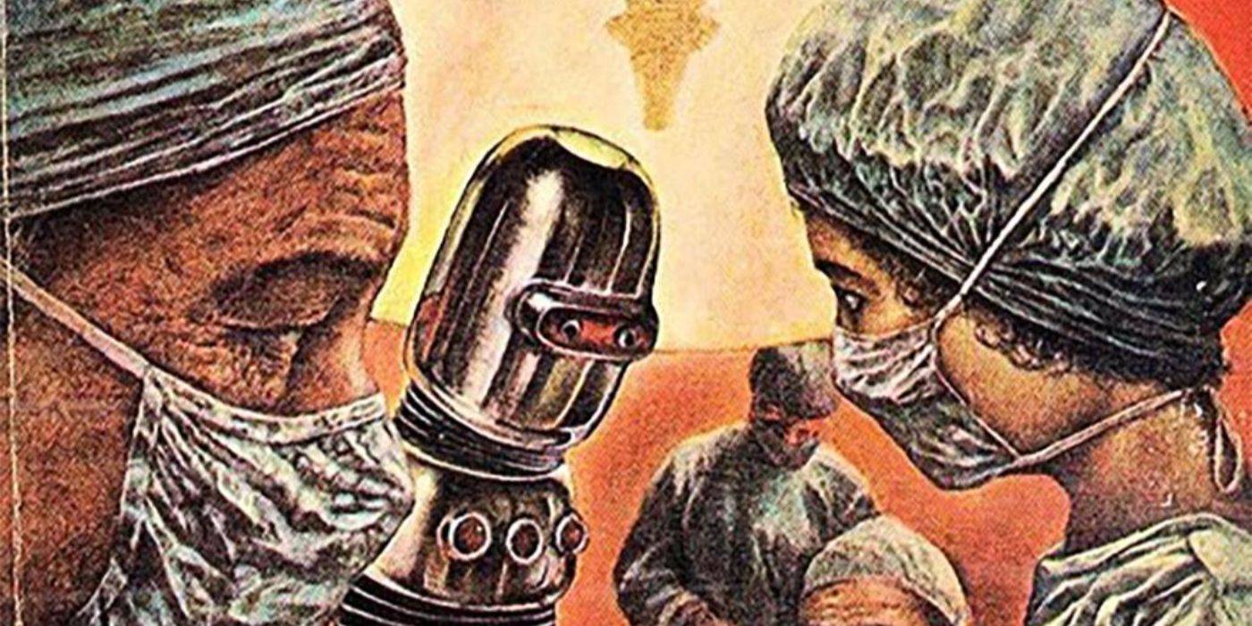 Врачи работают с роботом на обложке "Бегущего по лезвию" Алана Э. Ноурса