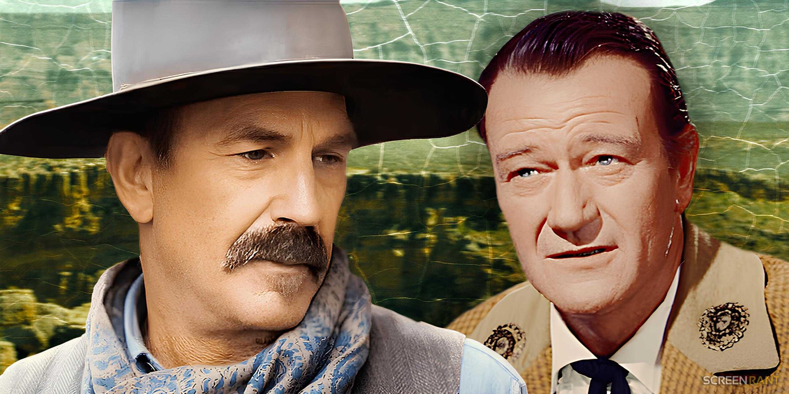 Кевин Костнер в роли Хейса Эллисона в Horizon: An American Saga, глава 1, рядом с Джоном Уэйном в роли Деви Крокетта в The Alamo (1960)