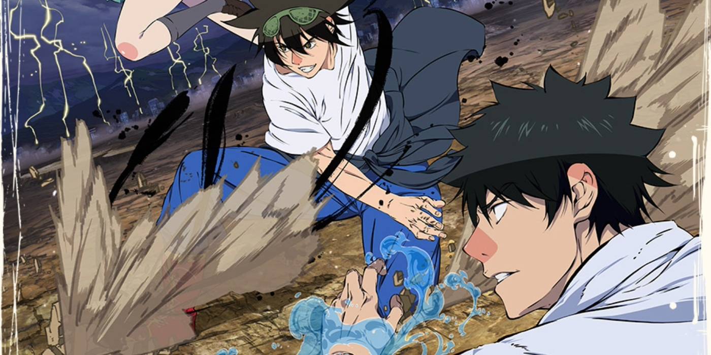 Промо-изображение "Бог высокой школы", с Мо-Ри Джин и Дэ-Ви Ханом, совершающими сальто