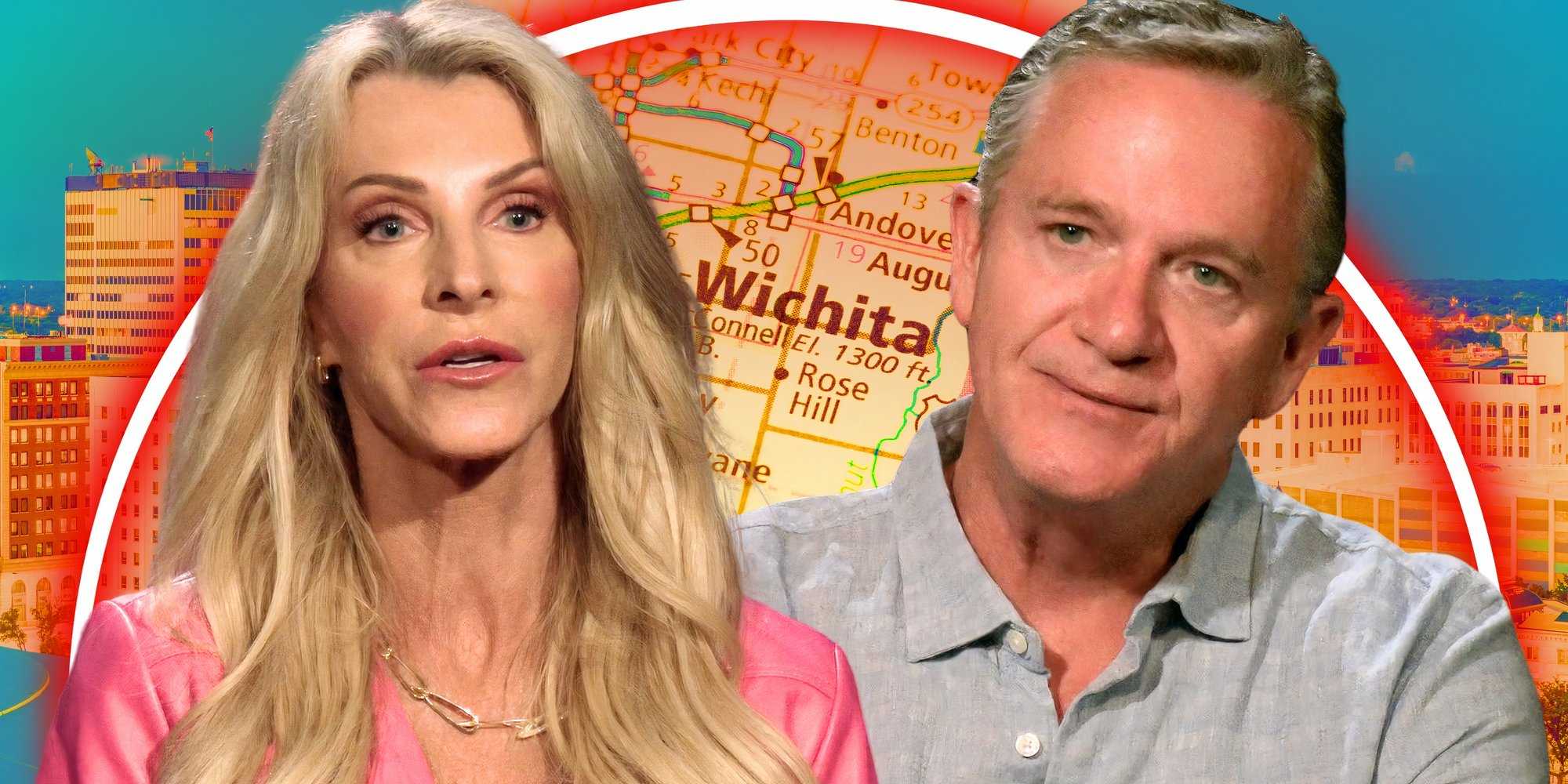 Звезды "The Golden Bachelorette" Джоан Вассос и Чок Чэппл слегка улыбаются на фоне Вичиты