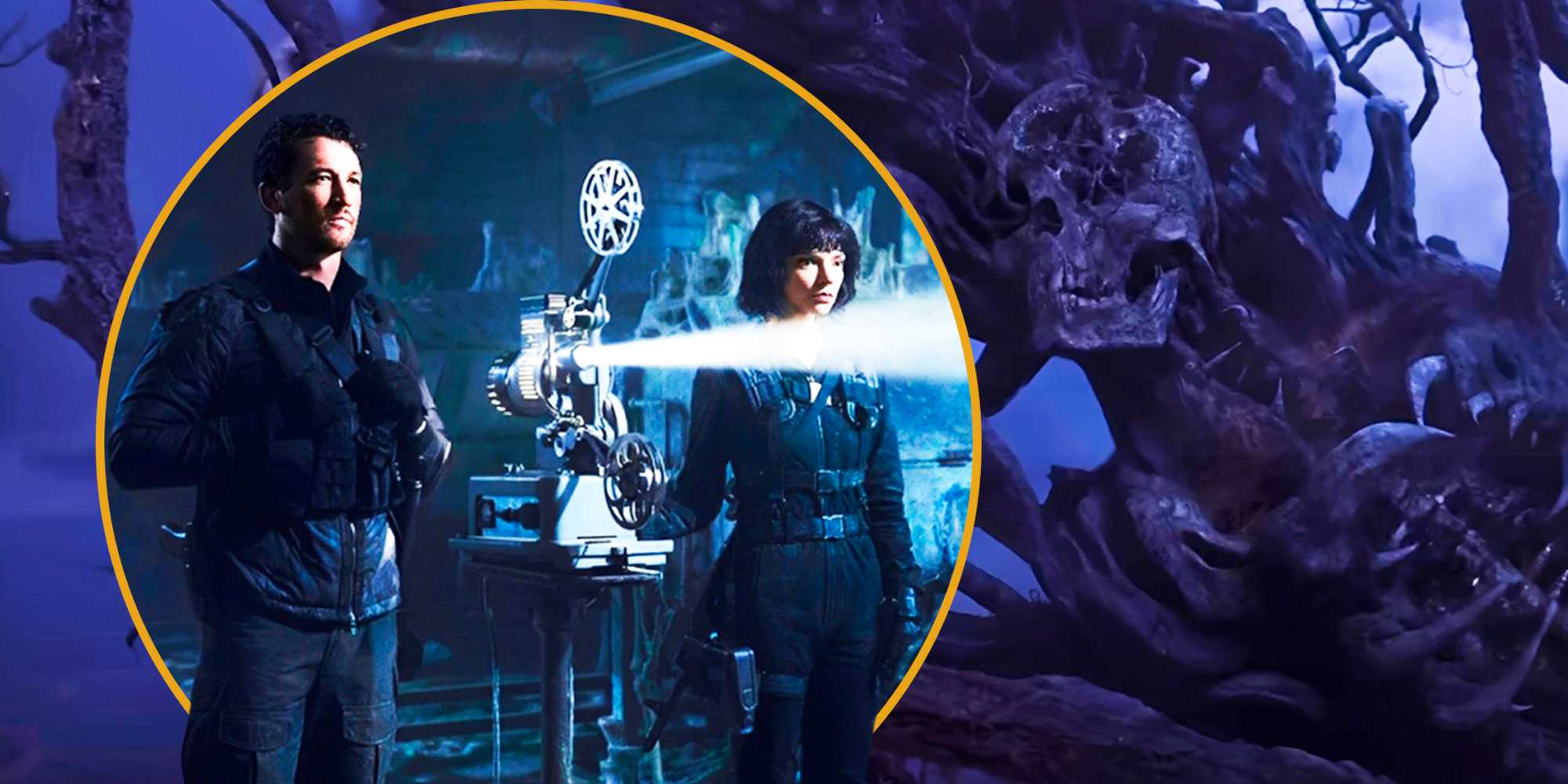 Аня Тейлор-Джой и Майлз Теллер из фильма "The Gorge" играют в фильме со черепом и деревом на заднем плане