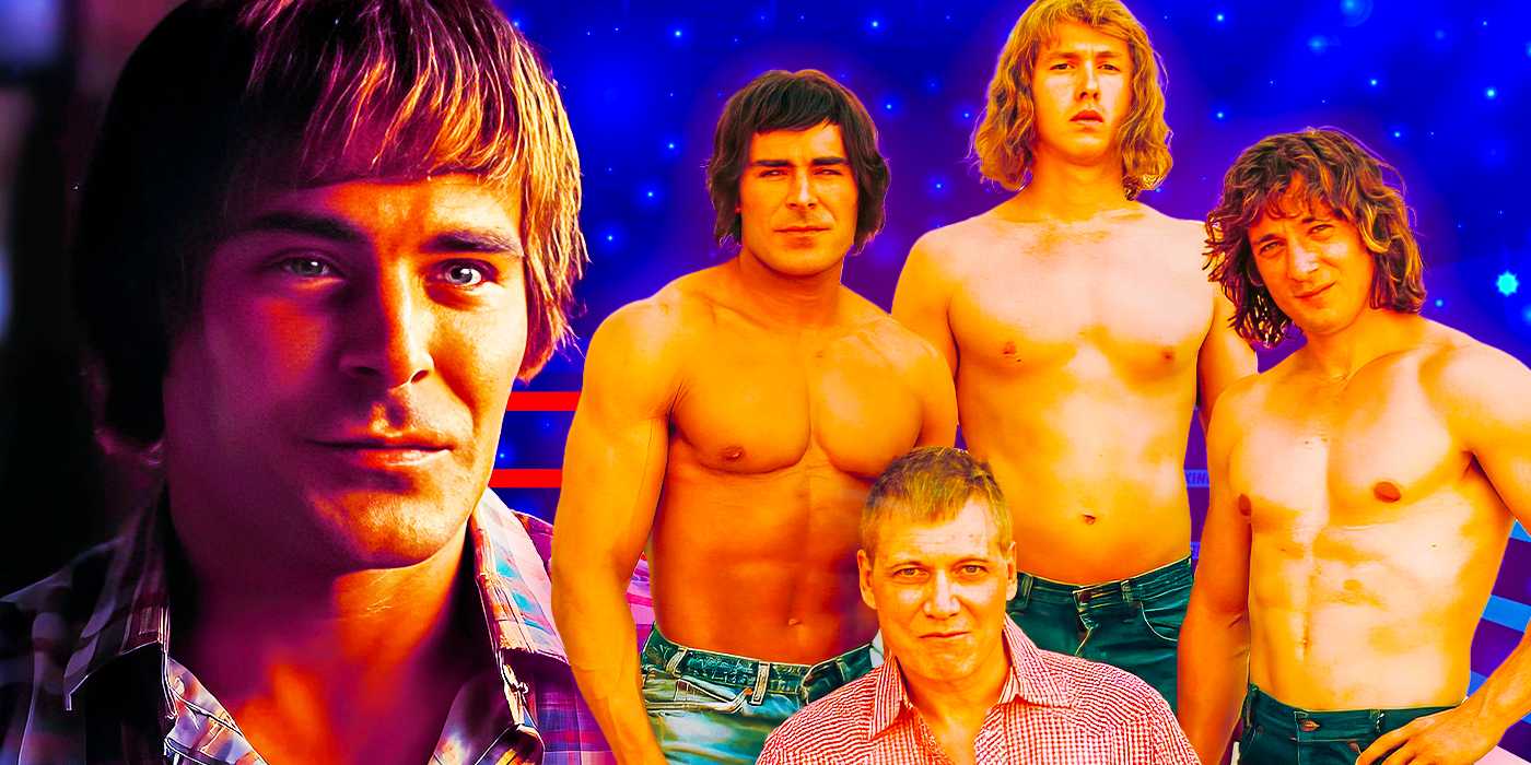 Многослойное изображение, на котором изображены Зак Эфрон в роли Кевина Ван Эрих, Харрис Дикинсон в роли Дэвида Ван Эрих, Джереми Аллен Уайт в роли Кери Ван Эрих и 