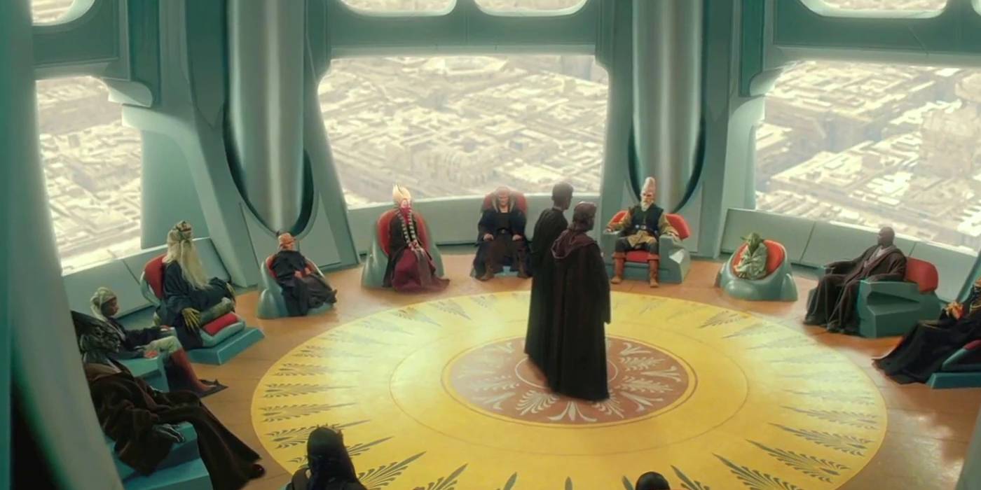 Оби-Ван Кеноби и Энакин Скайуокер стоят перед Советом джедаев в "Атаке клонов"