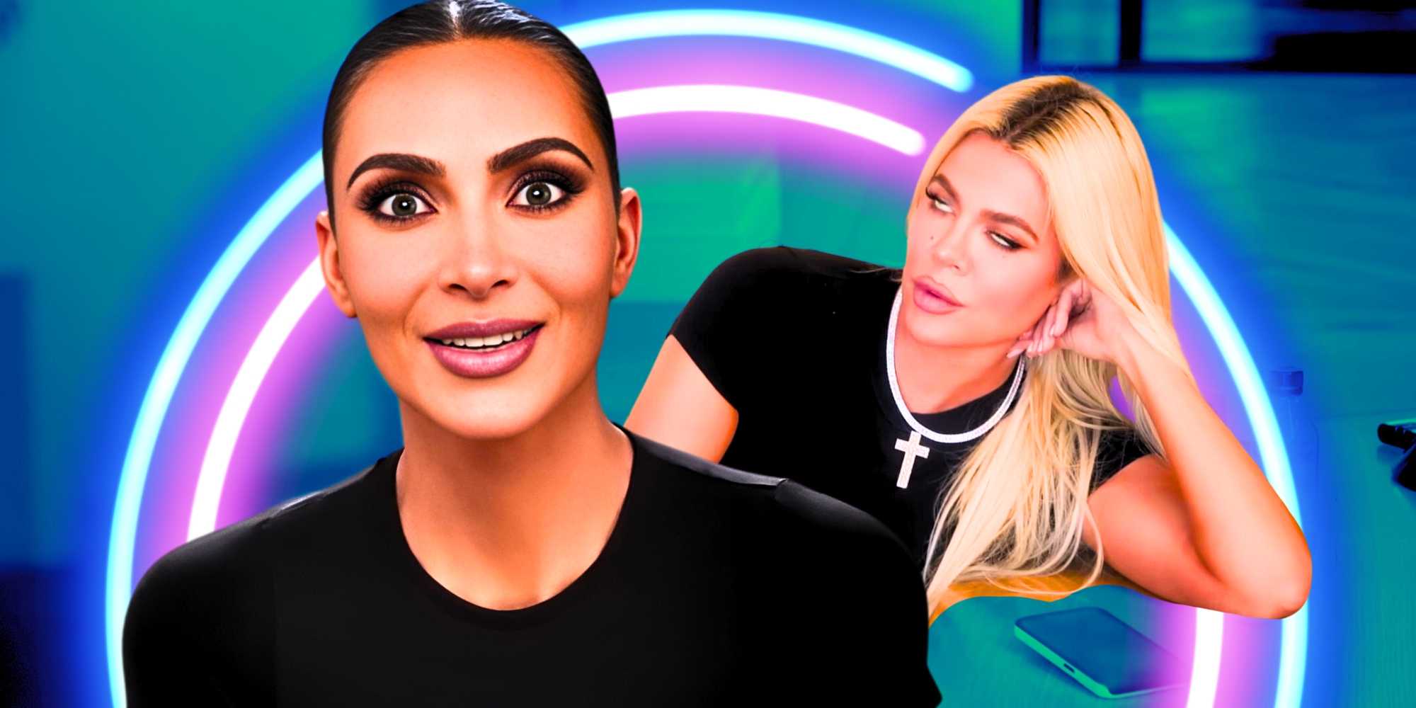 Ким Кардашян из "The Kardashians" с испуганным выражением лица и Хоу Кардашян, закатывающая глаза