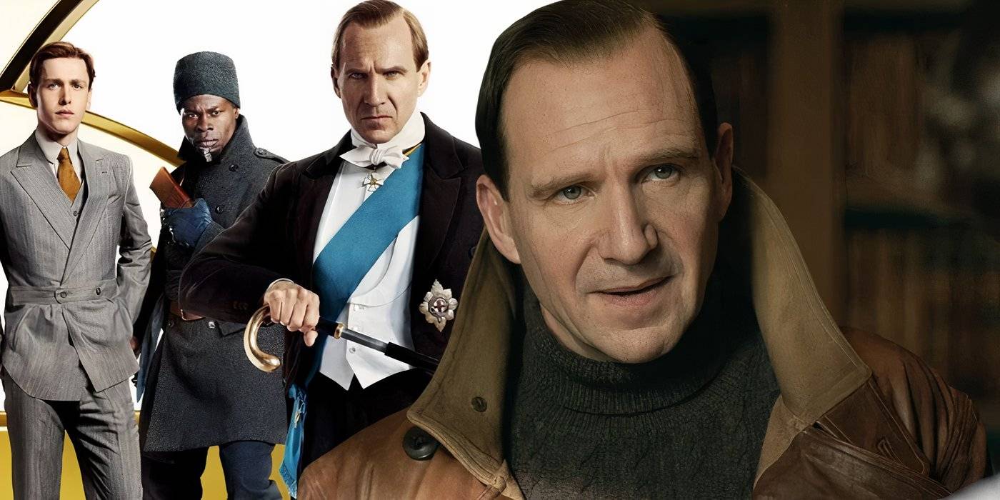 Композитное изображение, на котором Орландо злобно смотрит на промо-изображение Орландо и его команды из *The King's Man*