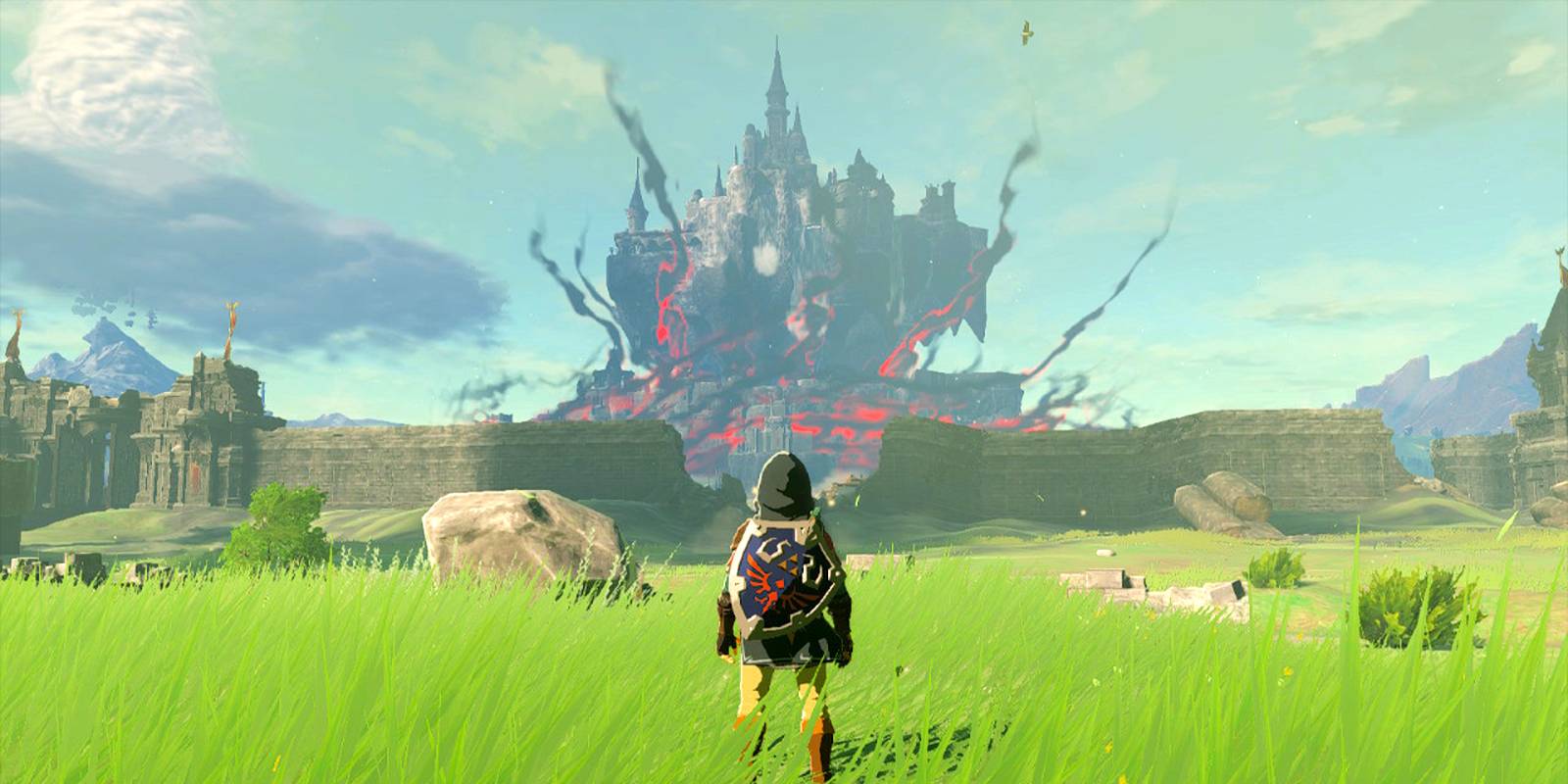 The Legend Of Zelda Tears Of The Kingdom Link Facing Corrupted Hyrule Castle With Hylian Shield On His Back