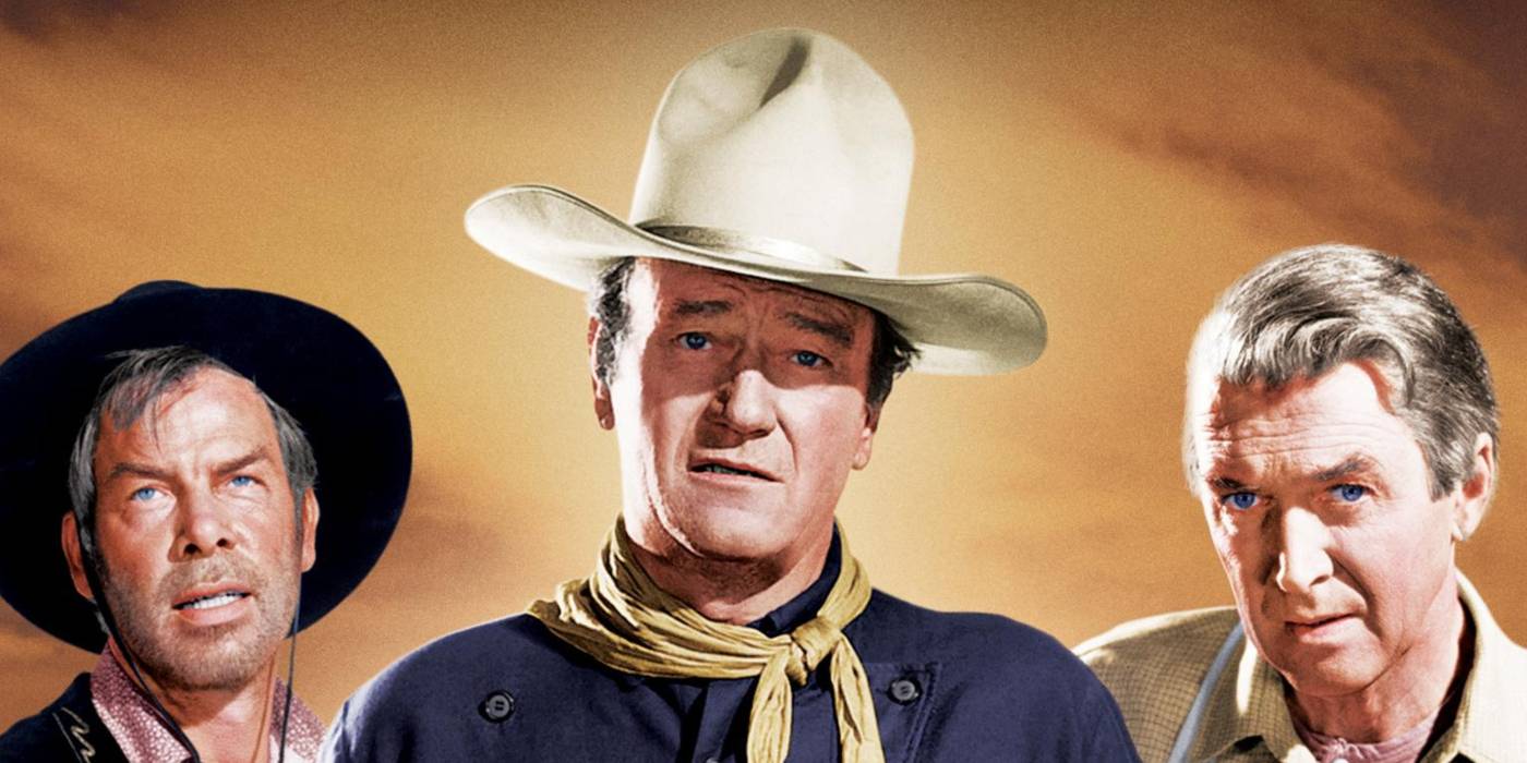 Ли Марвин в роли Либерти Валанса, Джон Уэйн в роли Тома Донфиона, Джеймс Стюарт в роли Рэнсом "Ранс" Стоддард на рекламном изображении фильма "Человек, который убил Либерти Валанс"