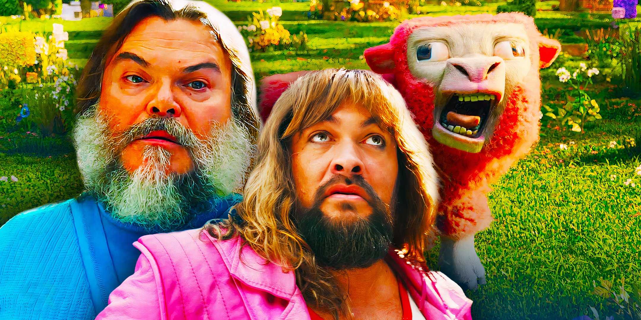 Джек Блэк, Джейсон Момоа и овца в фильме "Minecraft"