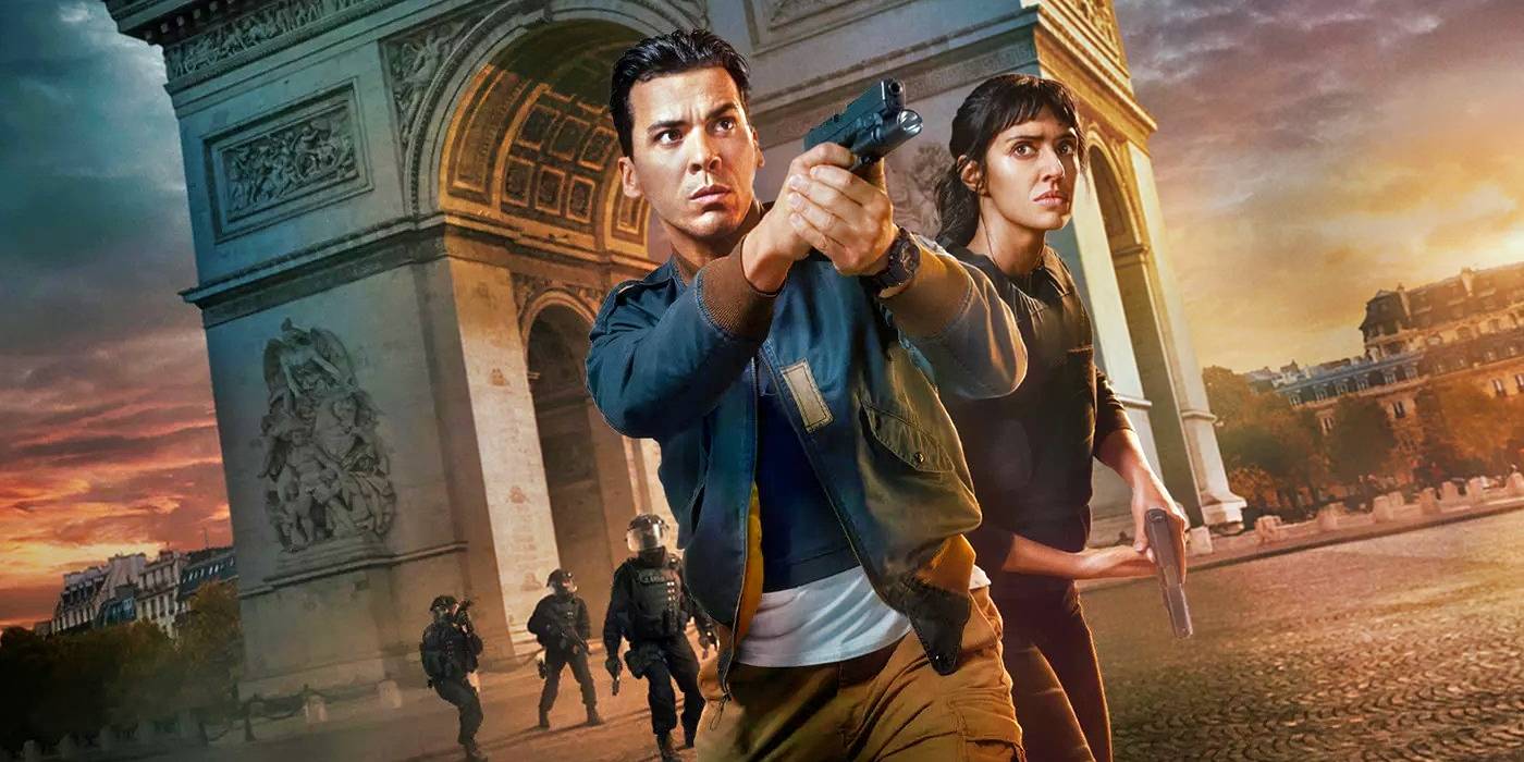 Постер к сериалу «Париж пал» с Винсентом (Тевфик Джаллаб), указывающим на оружие, и Зарой (Риту Ария) на фоне Триумфальной арки