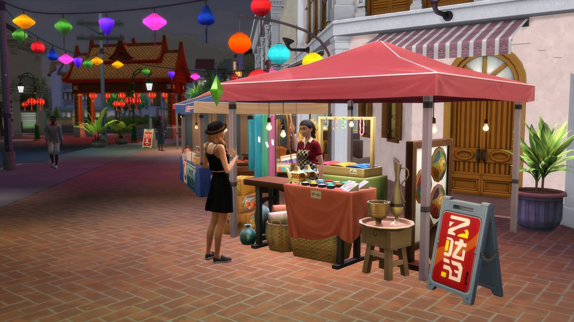 Женская аватарка из The Sims 4 на прилавке Night Market в For Rent, заполненном изделиями ручной работы.