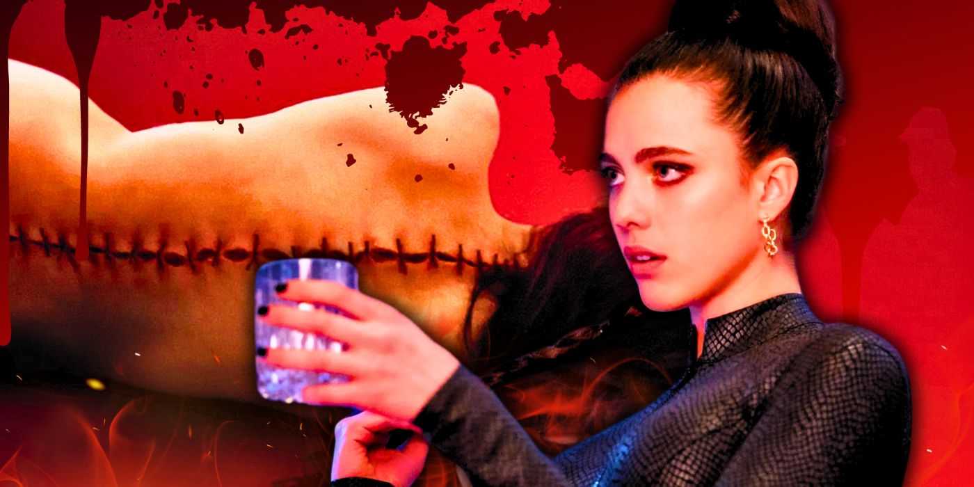 Изображение на фоне, покрытом кровью, со сценами из фильма "The Substance". На заднем плане - сшитая спина главной героини (Элизабет), а на переднем плане - ее младшая копия (Сью), которая держит волосы одной рукой и бокал другой, и одета в черное.