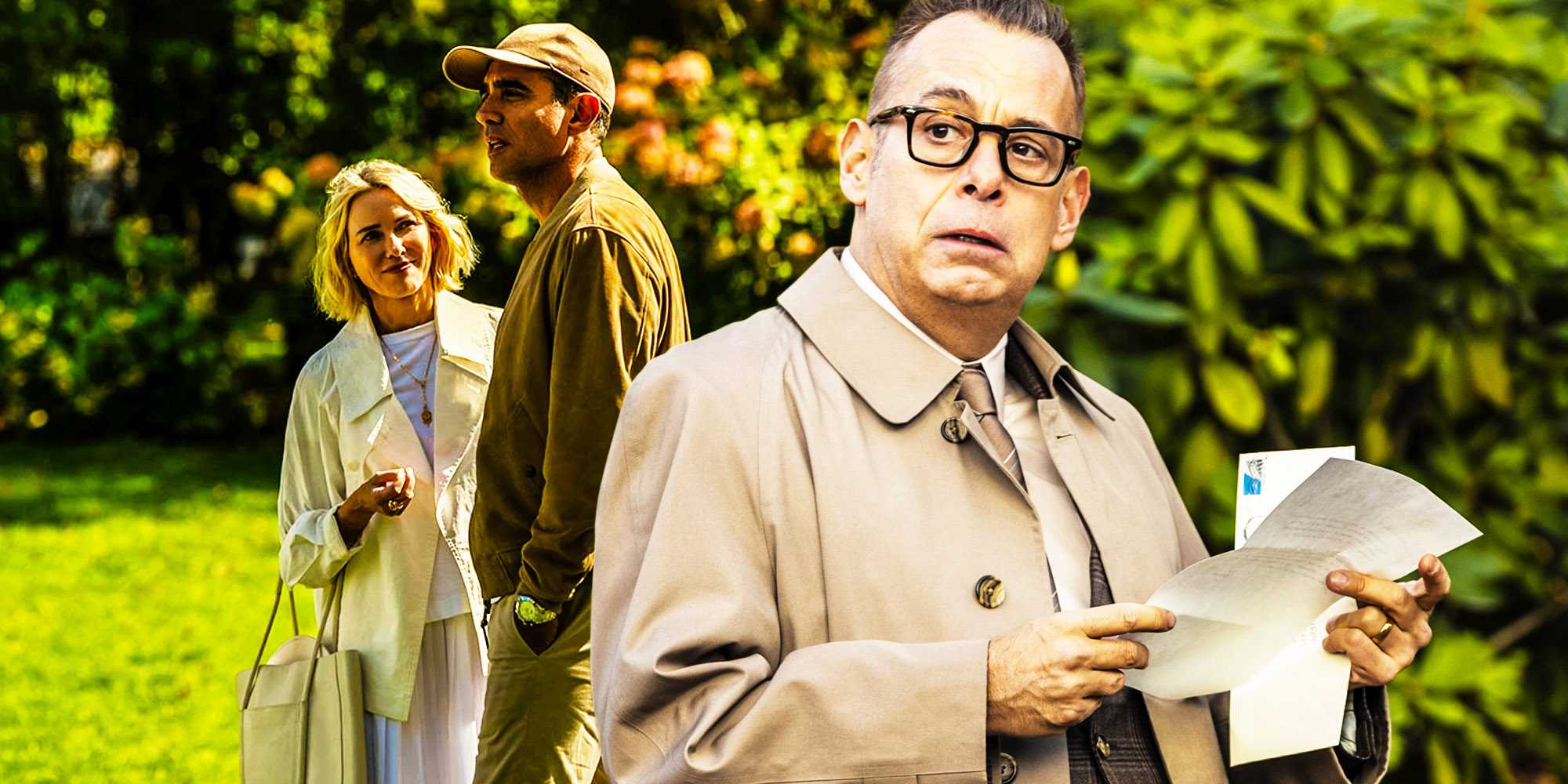 Настраиваемое изображение мужчины в пальто с надписью над мужчиной и женщиной в "The Watcher"