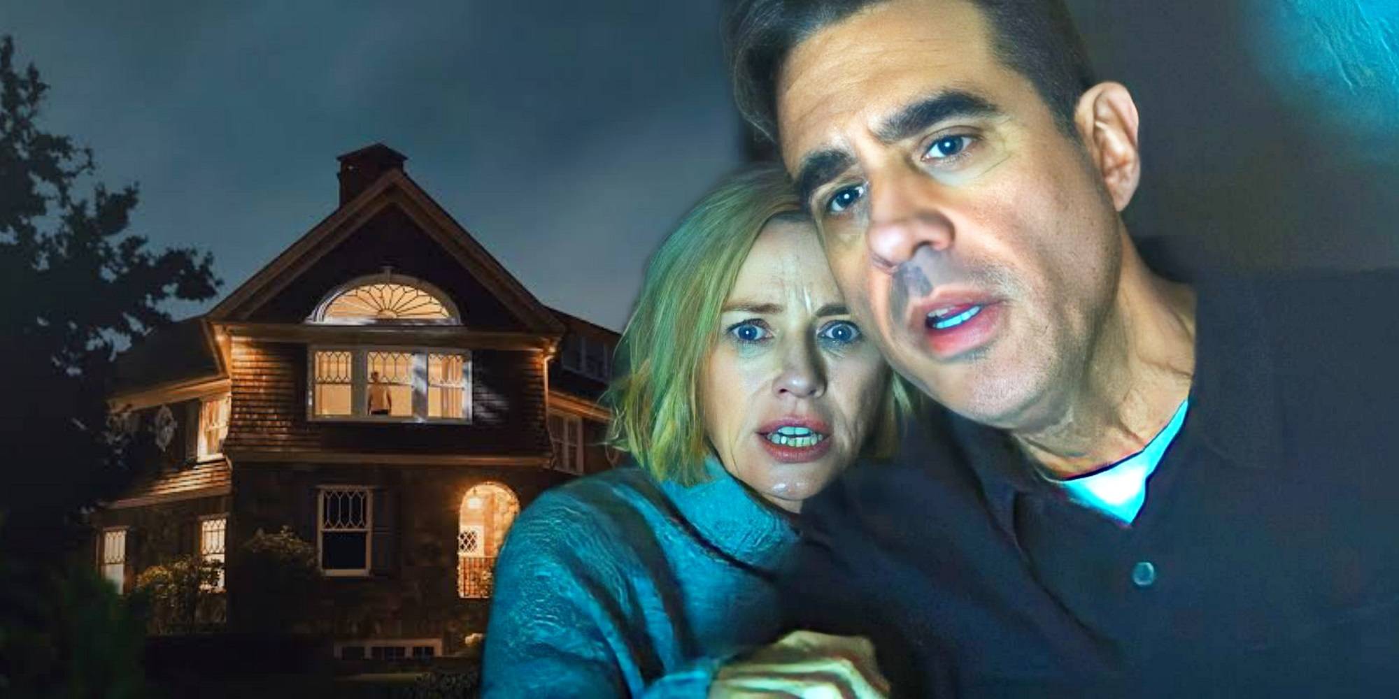 Коллаж из крупного плана, где Дин и Нора выглядят испуганными, и дом "Наблюдателя" на заднем плане