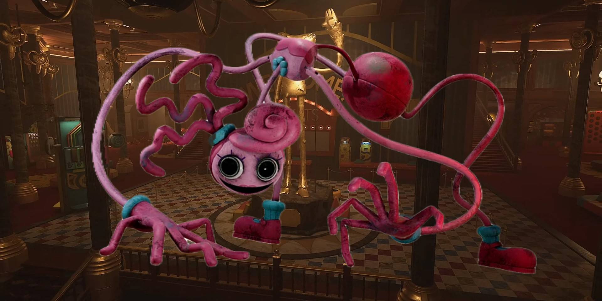 Проект: Карта театра "Мама-Длинноногая" с крупным планом, на котором мама-длинноногая зловеще улыбается на экране