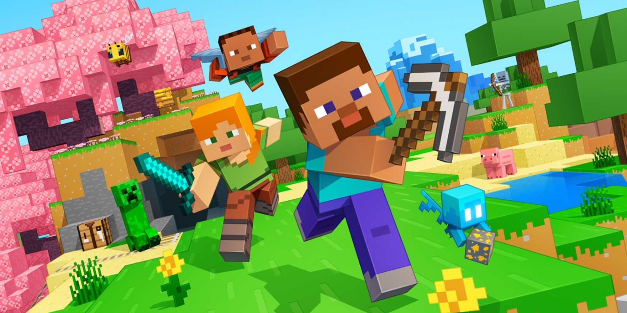 Ключевое изображение из Minecraft с несколькими игроками и некоторыми мобами