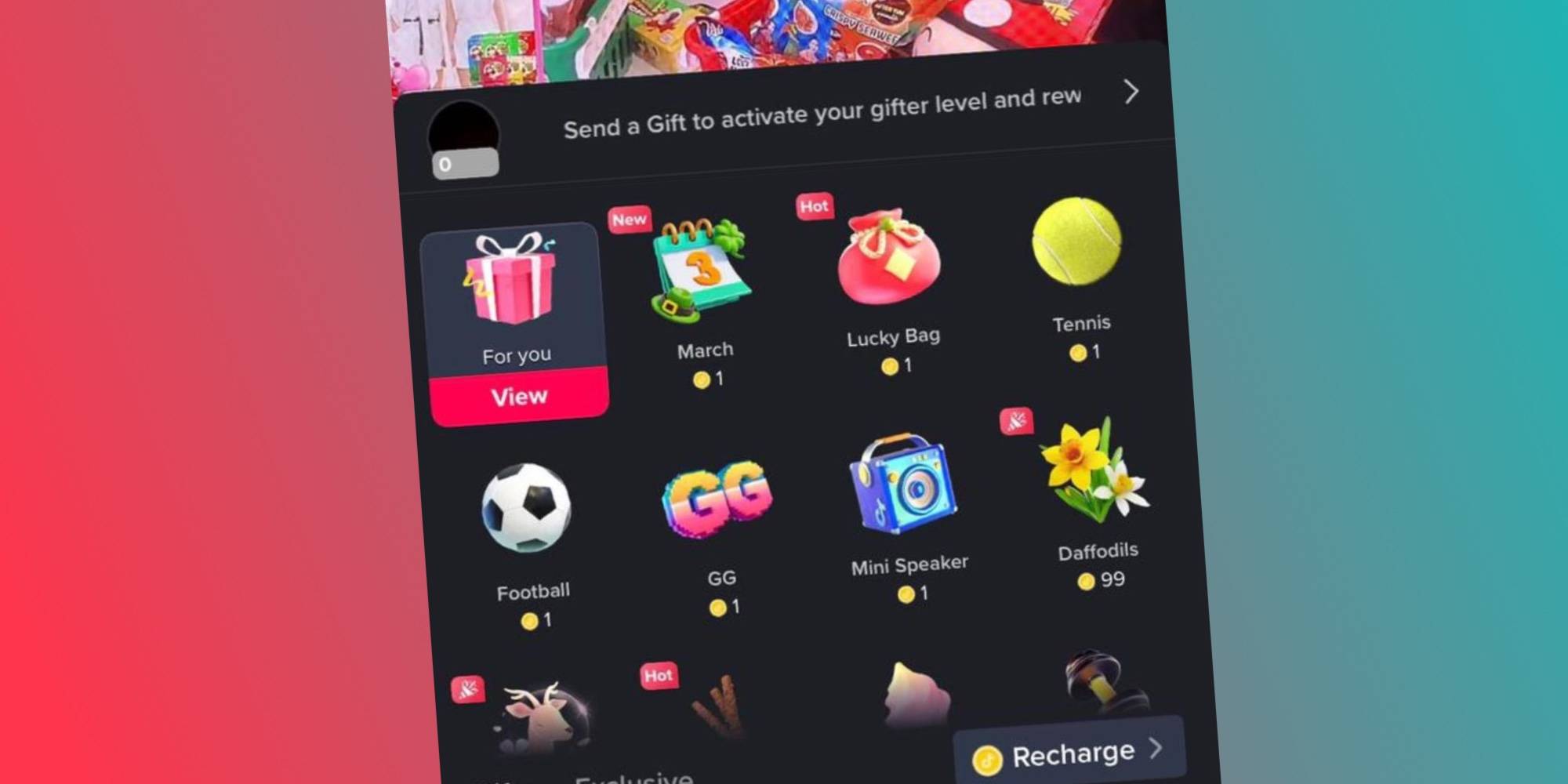 Скриншот TikTok Gifts на фоне пользовательского градиента