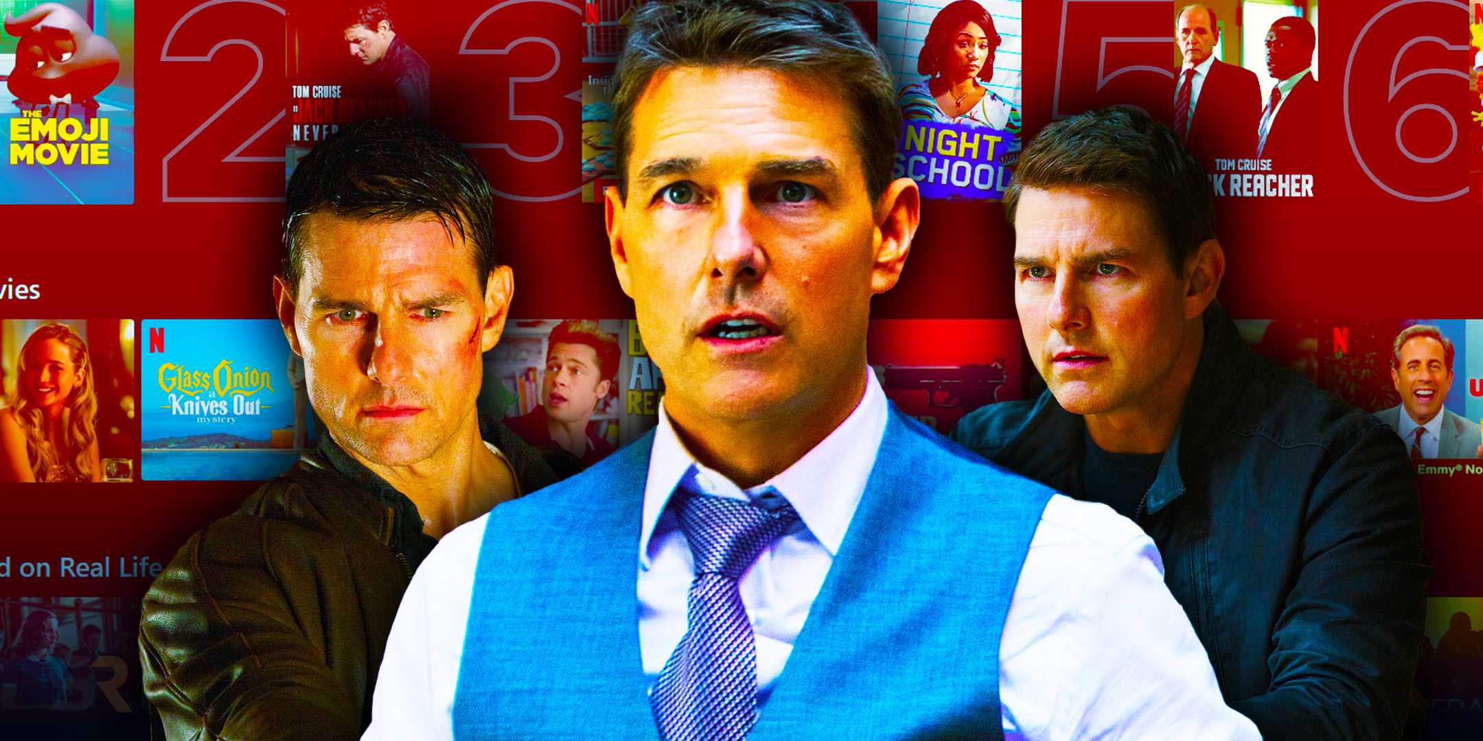 Том Круз в роли Джека Речера и Этана Ханта из Mission: Impossible с экраном Netflix в фоне