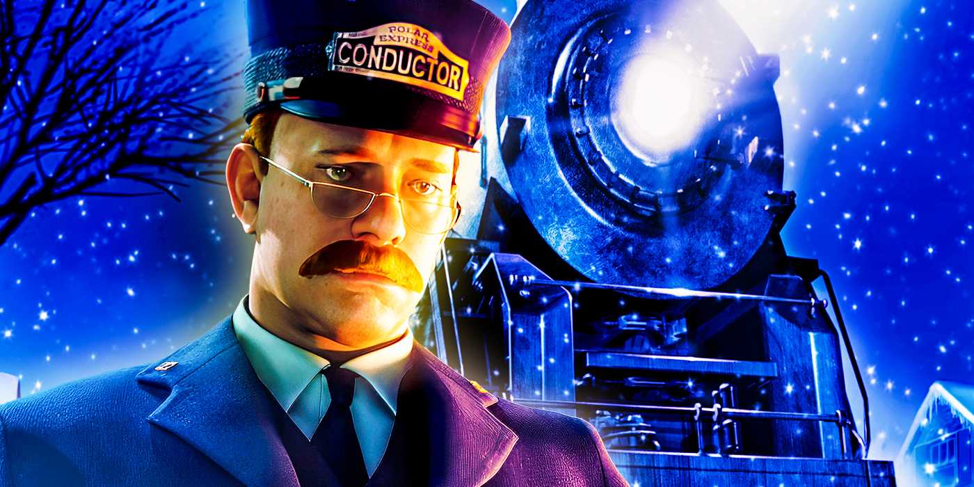 Том Хэнкс в роли проводника из "Поезда на Северный полюс", грустный, рядом с поездом