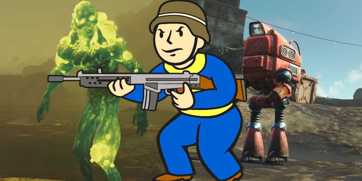 Putrid Glowing One и Nukatron в Fallout 4 с Vault Boy, держащим оружие.