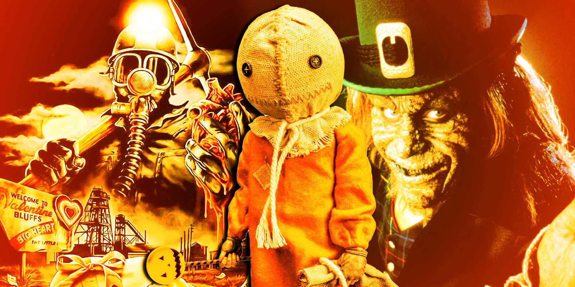 Стилизованная коллаж персонажей из Trick'r'Treat, Leprechaun, My Bloody Valentine