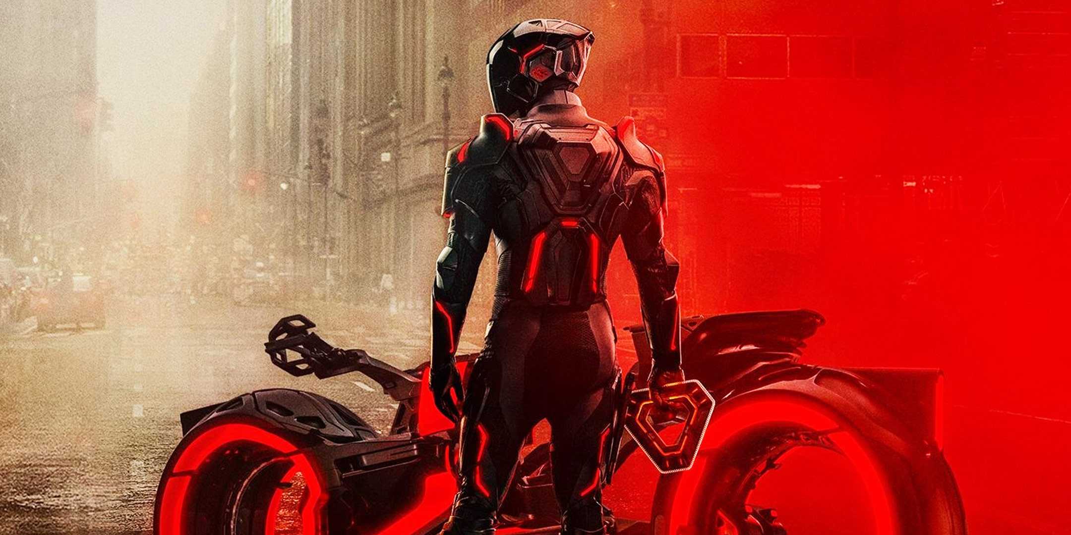 Tron: Ares image of Ares next to light bike 