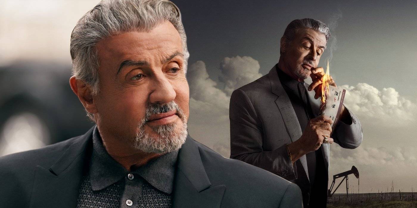 Композитное изображение, на котором Двайт сжигает билет на самолет на нефтяной платформе, с изображением Двайта, слегка улыбающегося в "Tulsa King".