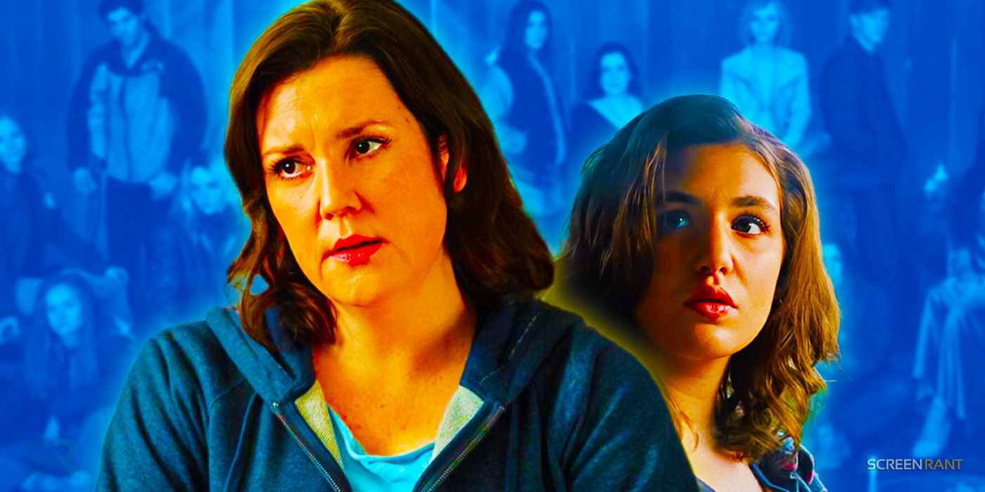 Мелани Лински в роли взрослой Шауны и Софи Нэлис в роли подростковой Шауны с фотографией актеров на заднем плане