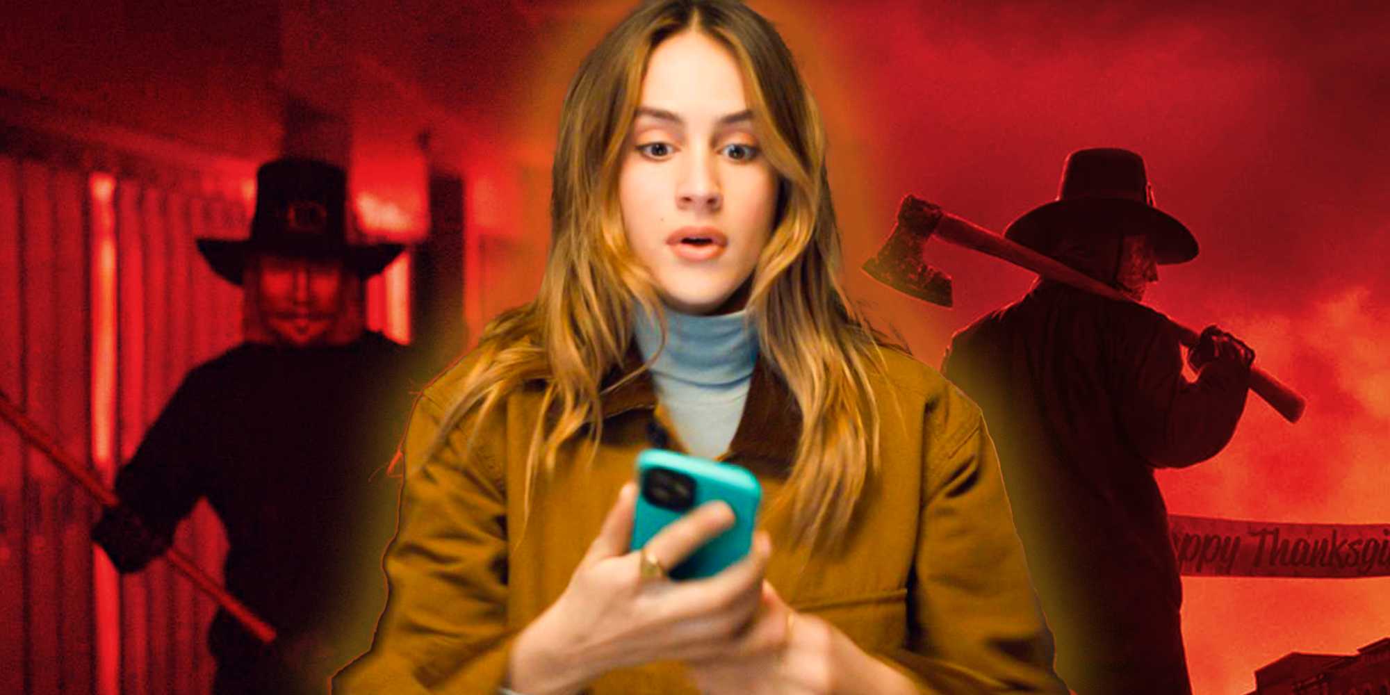 Nell Verlaque как Джесси на телефоне с убийцей в костюме паломника, преследующим ее, рядом со снимком убийцы возле баннера с Thanksgiving (2023)