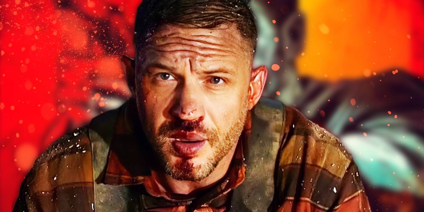 Фото Тома Харди в фильме "Havoc" от Netflix на фоне размытого постера "Havoc" с оранжевыми блестками.