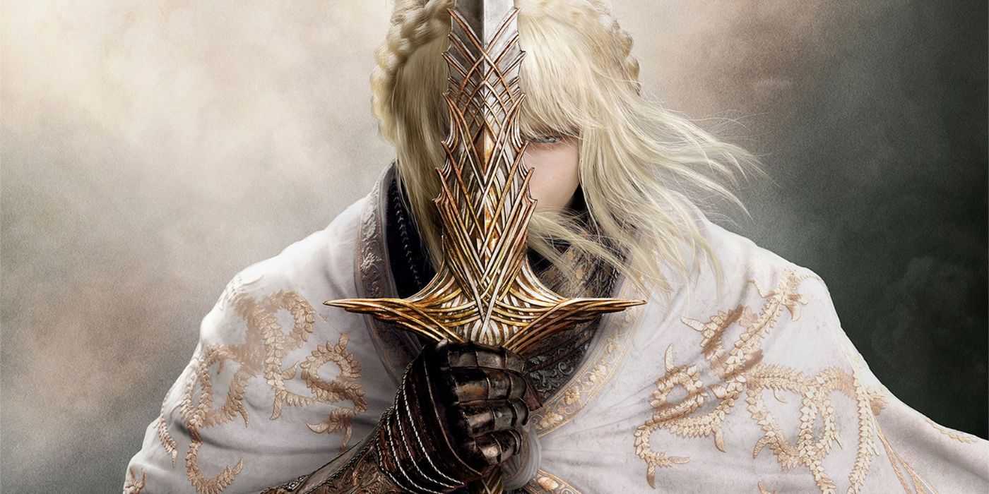 Персонаж из Elden Ring, облаченный в белую одежду, с золотым и серебряным мечом