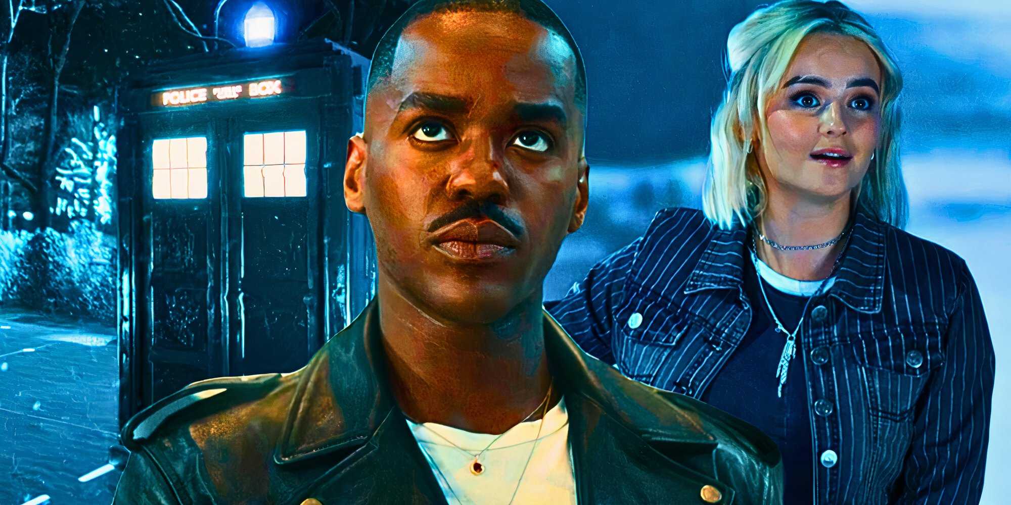 Кастомное изображение "Доктора Кто" с Нкути Гатва в роли строгого Доктора на фоне Милли Гібсон в роли Руби Сандей и ТАРДИС