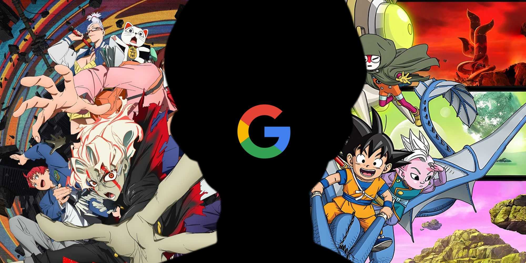 Логотип Google на переднем плане с силуэтом лица из Mashle, и постеры аниме Dandadan и Dragon Ball Daima