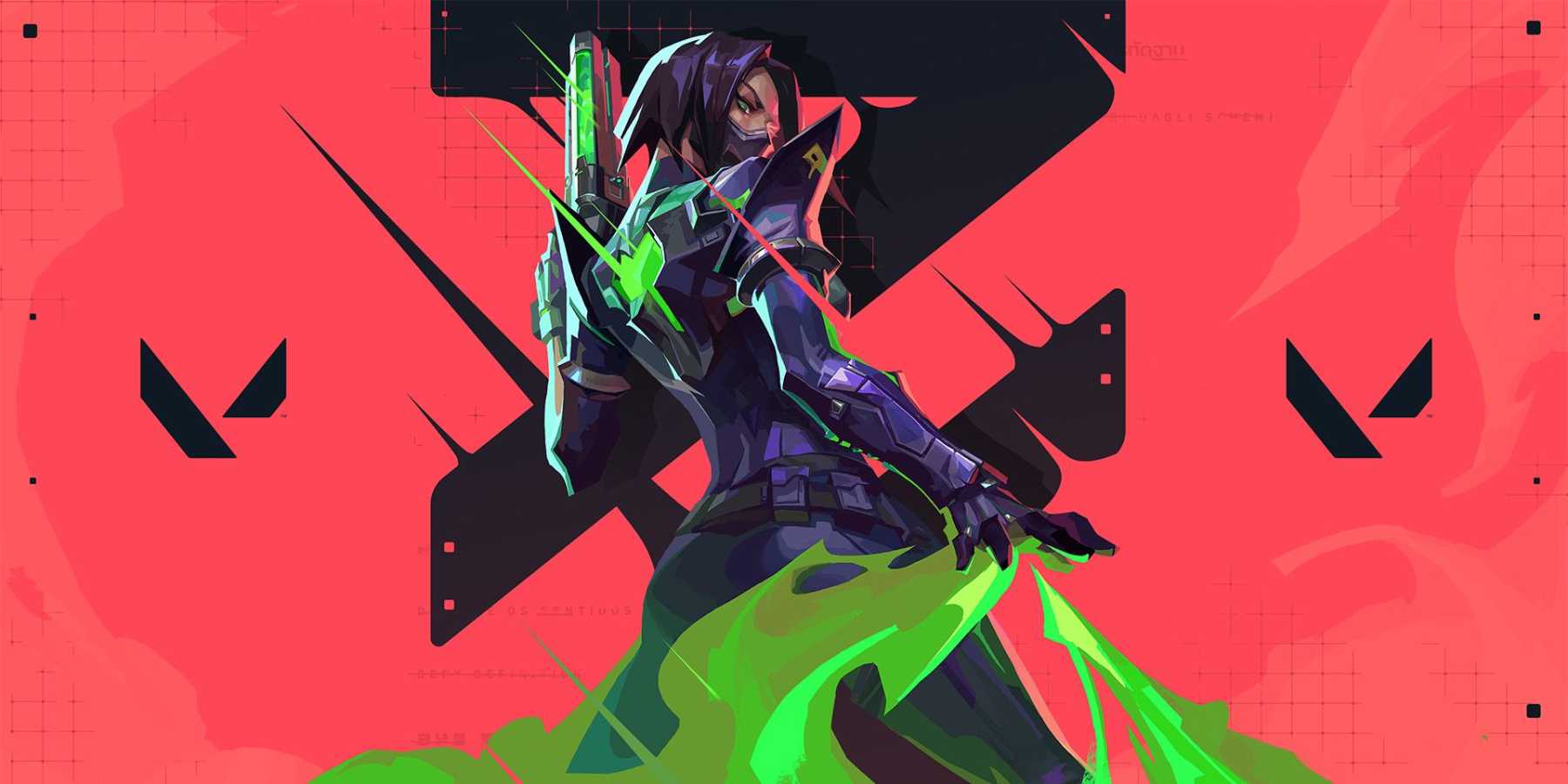 Випер из Valorant позирует перед логотипами игры.