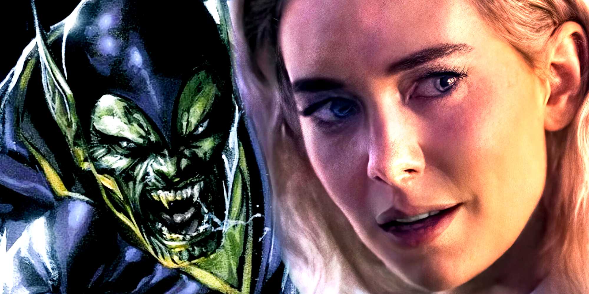 Улыбается Ванесса Кирби в роли Сью Шторм в «The Fantastic Four: First Steps», а Супер-Скрулл рычит в комиксах Marvel