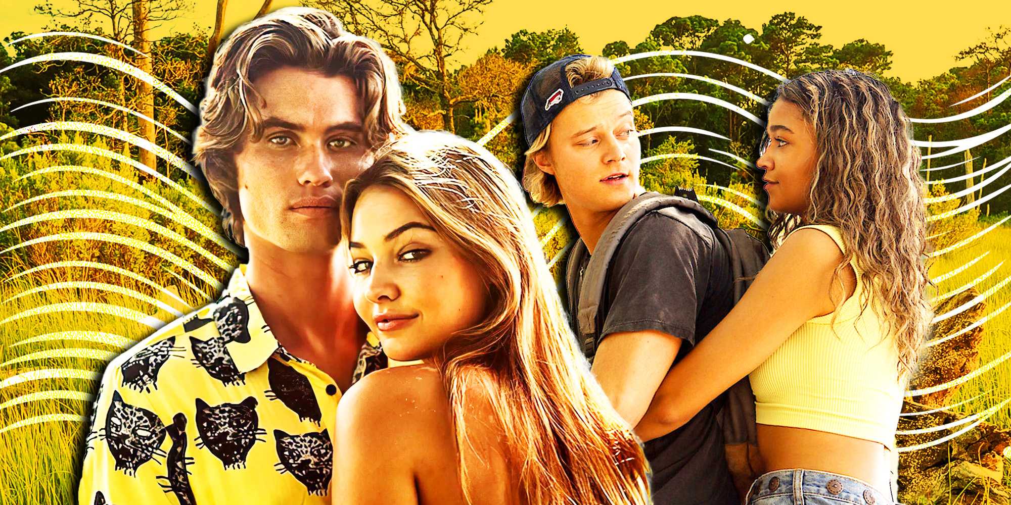 Чейс Стокс в роли Джона Б, Мэделин Клайн в роли Сары, Руди Панков в роли Дж.Дж. и Мэдисон Бейли в роли Киары в Outer Banks.