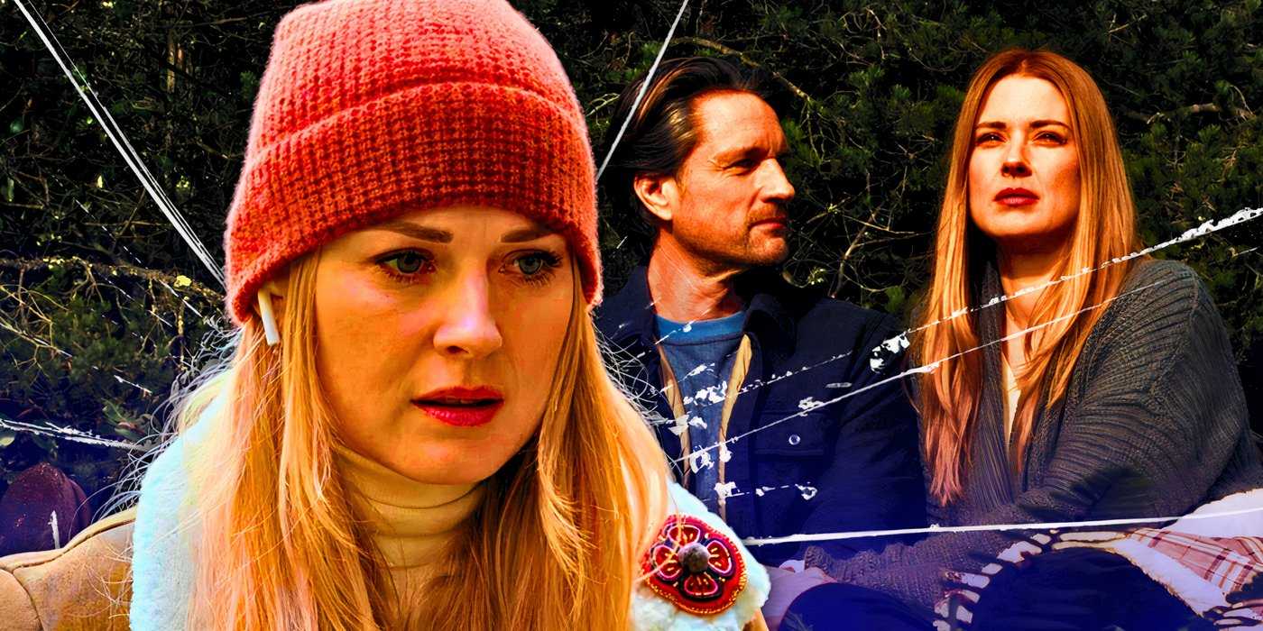 Александра Брекинрайд в роли Мел, выглядящей обеспокоенной, с фоном, изображающим обеспокоенную Мел и обеспокоенного Джека (Мартин Хендерсон) из "Virgin River"