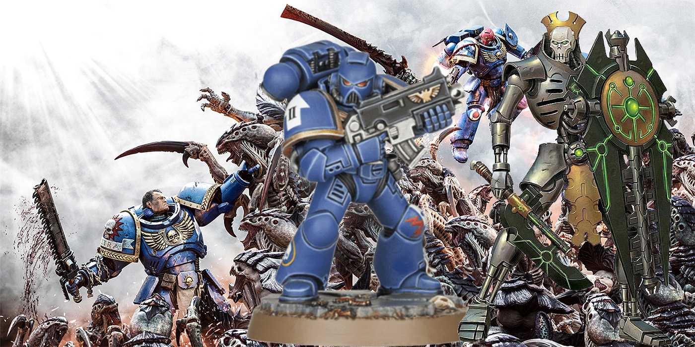 Миниатюра Warhammer 40K, стоящая перед ордой тиранидов