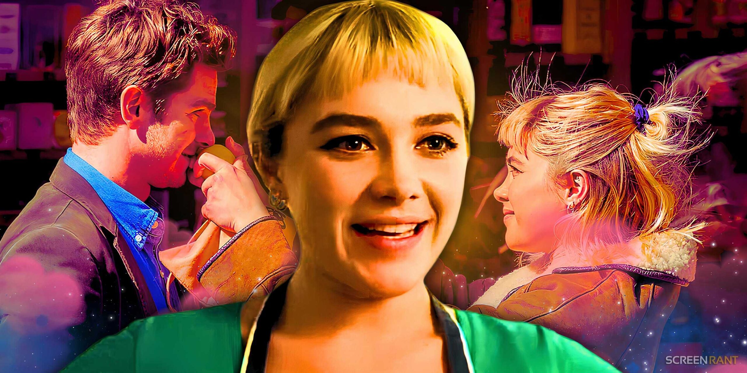 Флоренс Пух в центре, рядом с Флоренс Пух и Эндрю Гарфилдом, улыбающиеся друг другу в фильме *Мы живем во времени*