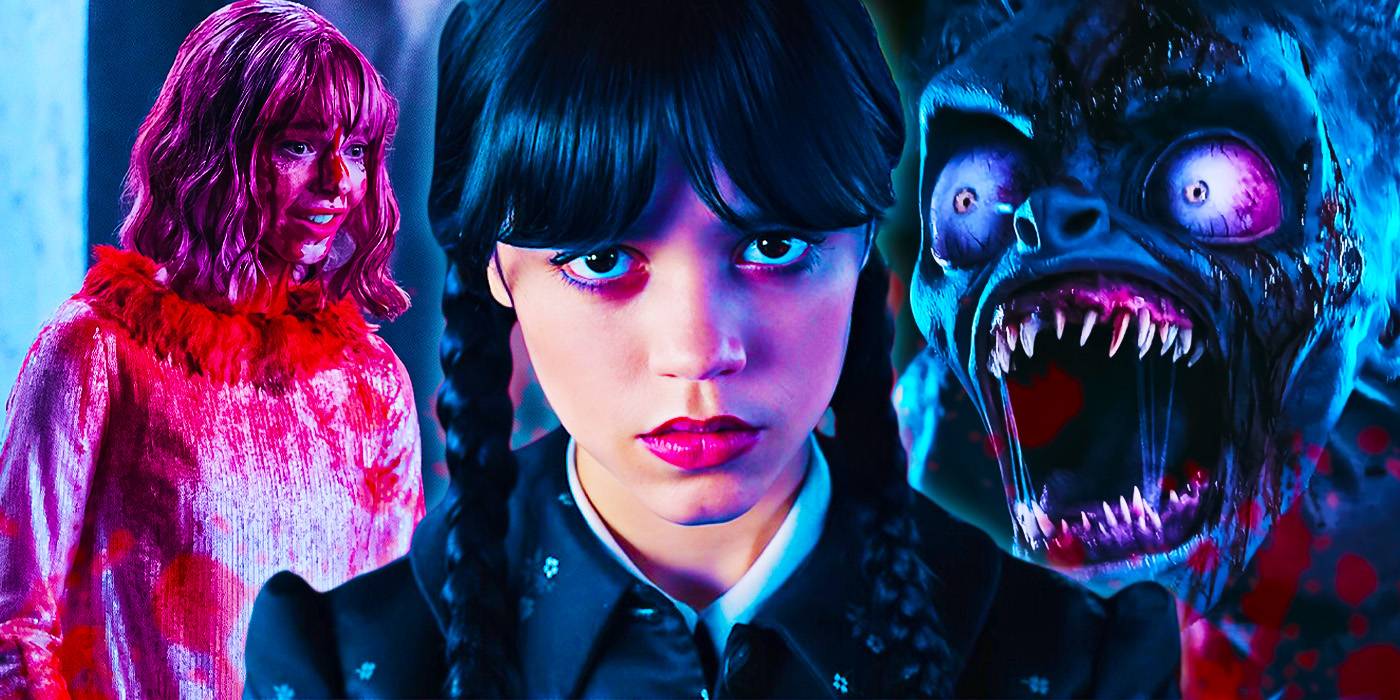 Коллаж с Энид, испачканной красной краской, Ведной, смотрящей в камеру, и Гидом, издающим крик в первом сезоне *Wednesday*