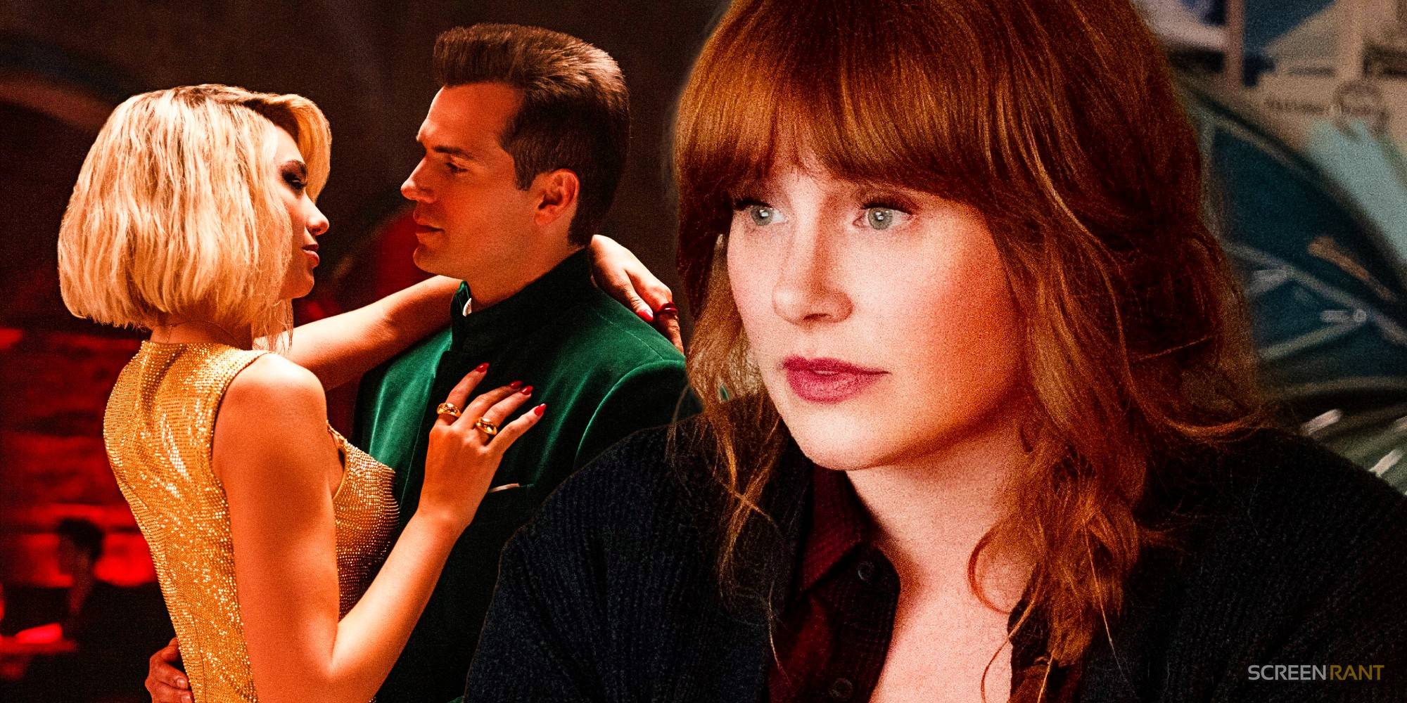 Композитное изображение Дуа Липы и Генри Кавил, танцующих с Брайс Даллас Хауард в Argylle